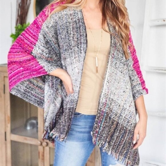 boho style FUCHSIA MULTI KNIT SWEATER PONCHO - Picture 2 of 4